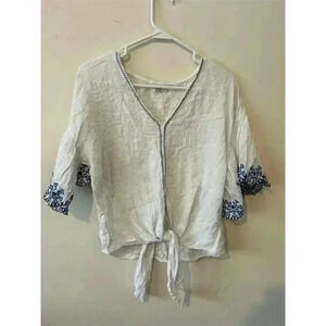 Max Studio Women's L White Embroidered Tie Front Blouse 3/4 Sleeve